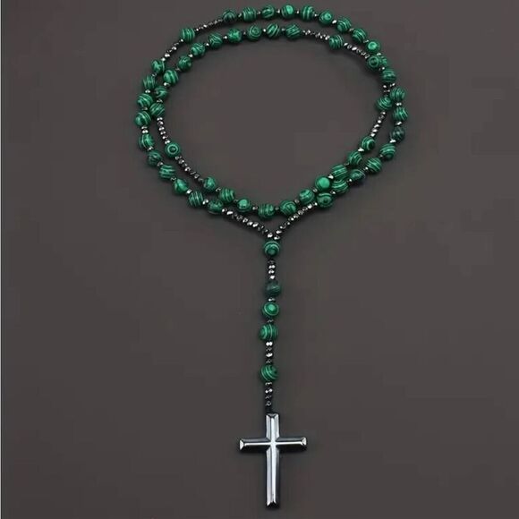 Green Malachite Hematite Round Beaded Cross Pendant Rosary Necklace New - Picture 5 of 7